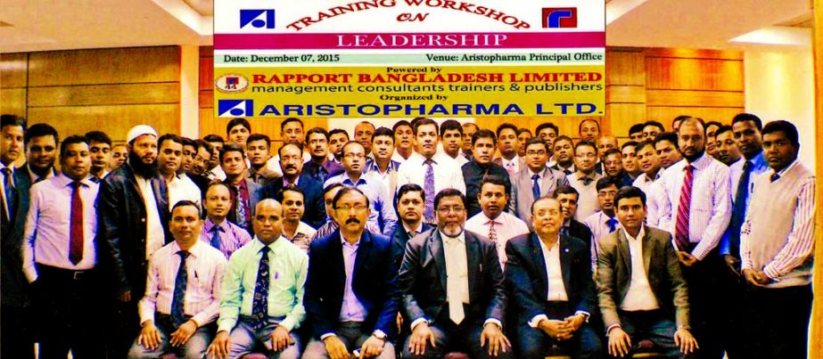 Chairman and Managing Director of Rapport Bangladesh Limited Dr M Mosharraf Hossain (Sitting 2nd from right), among others, at a training workshop organized recently by Aristopharma Limited for its zonal managers at its principal office in the city.