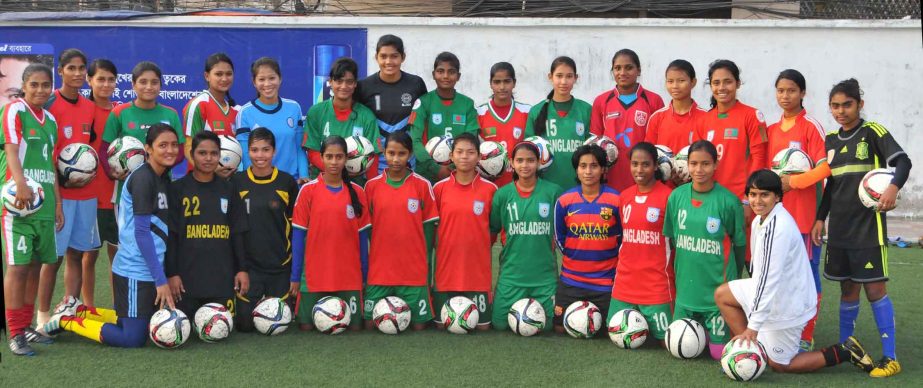 Members of Bangladesh National Under-14 Girls' team pose for a photo session at the BFF Artificial Turf on Thursday.
