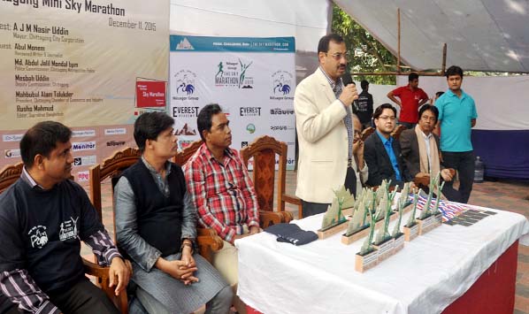 CCC Mayor AJM Nasir Uddin speaking as Chief Guest at a prize-giving ceremony of Chittagong Mini Sky Marathon at DC Hall in the city yesterday.