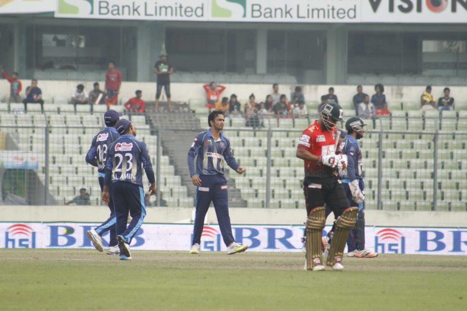 A moment of 3rd Bangladesh Premier League cricket match between Comilla Victorians and Rangpur Riders at Sher-e-Bangla National Cricket Stadium in Mirpur on Saturday.