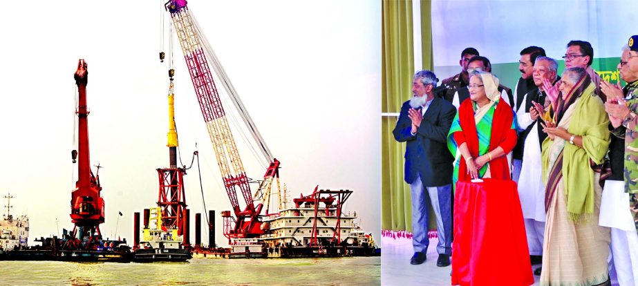 Prime Minister Sheikh Hasina inaugurating the main construction work of Padma Bridge at Mawa Point in Munshiganj on Saturday.