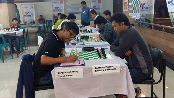 A scene from the 8th round games of Premier Division Chess League at National Sports Council Tower auditorium on Sunday.