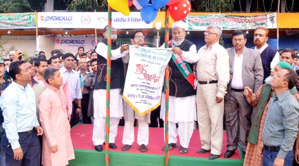 Cultural Affairs Minister Asaduzzamamn Noor MP, liberation Affairs Minister AKM Mozammel Haq and Chittagong City Awami League President Alhaj ABM Mohiuddin Chowdhury jointly inaugurating Tree, Book and Fisheries Fair in Laldighi Maidan in the city yester