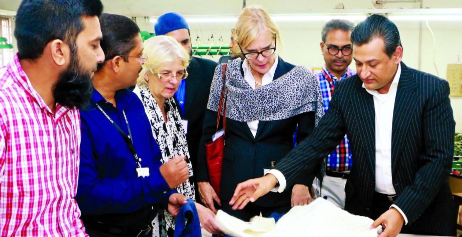 Netherlands Ambassador Leoni Margaretha Cuelenaere, visiting the Posmi Sweaters Ltd at Gazipur on Sunday. Senior Vice President of Bangladesh Garment Manufacturers & Exporters Association Faruque Hassan and Senior Policy Advisor of the Embassy Ank Willems