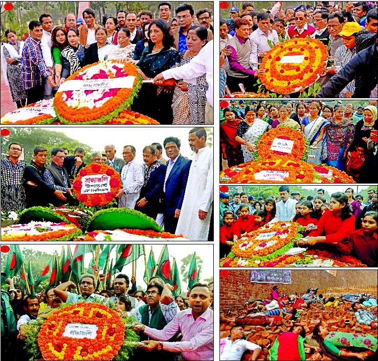 (1) Family members of martyred intellectuals placing floral wreaths at Mirpur Intellectuals Memorial in the city on Monday. (2) Jatiya Party Chairman Hussain Muhammad Ershad placing wreaths at the altar of Mirpur Intellectuals Graveyard. (3) Bangladesh Ma