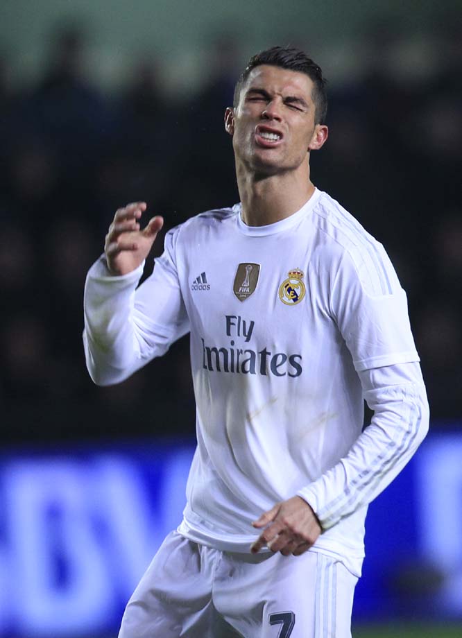 Real Madrid's Cristiano Ronaldo reacts after failing to score against Villarreal during a Spanish La Liga soccer match at the Madrigal stadium in Villarreal, Spain on Sunday.