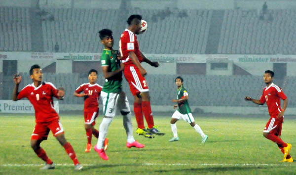 A moment of the FIFA International Friendly Football match between Bangladesh and Nepal at the Bangabandhu National Stadium on Thursday.