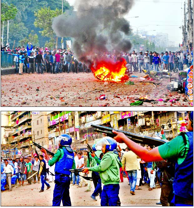 BCL students of Dhaka College torched motor bikes while locked in clashes with traders following an altercation with the workers of a shop (top) police fired blank shots to quell the violence between the two groupâ€™s in city's New Market area on Th