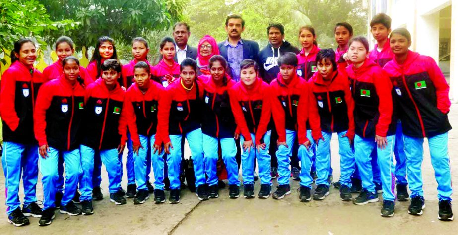 Members of Bangladesh Under-14 Women's Football team pose for a photo session at the Tribhuban International Airport in Nepal on Saturday.
