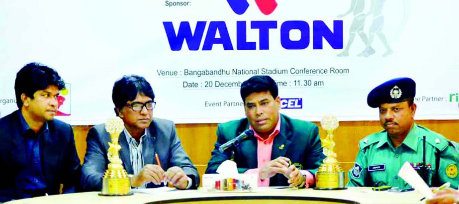 First Senior Additional Director of Walton FM Iqbal Bin Anwar Dawn addressing a press conference at the conference room of Bangabandhu National Stadium on Sunday.