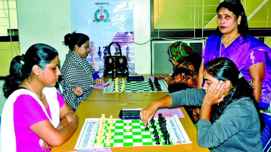 A scene from the 3rd round matches of the Shamsher Ali Memorial Women's FIDE Rating Chess Tournament at the Bangladesh Chess Federation hall-room on Sunday.