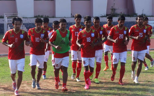 Players of Bangladesh National Football team during their practice session at the LNCPE Thiruvananthapuram Ground in Kerala, India on Wednesday.
