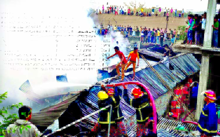 At least 80 shanties at a slum in city's Tejgaon Industrial Area were gutted in a devastating fire that broke out on Wednesday afternoon.