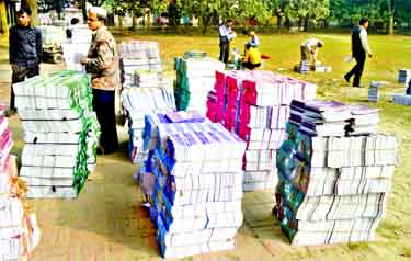 At least 35 crore copies of new books for Primary and Secondary-level schools are ready for distribution among the students free of cost all over the country. This photo was taken from C'nawabganj Harimohan Govt High School on Sunday. Banglar Chokh