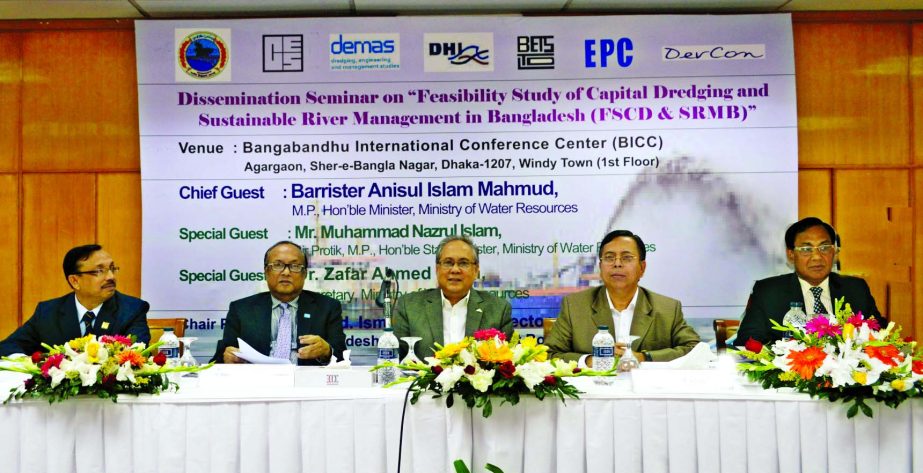 Water Resources Minister Barrister Anisul Islam Mahmud addressing the seminar on Feasibility Study of Capital Dredging and Sustainable River Management in Bangladesh at BICC auditorium in Dhaka recently. State Minister for Water Resources Muhammad Nazrul
