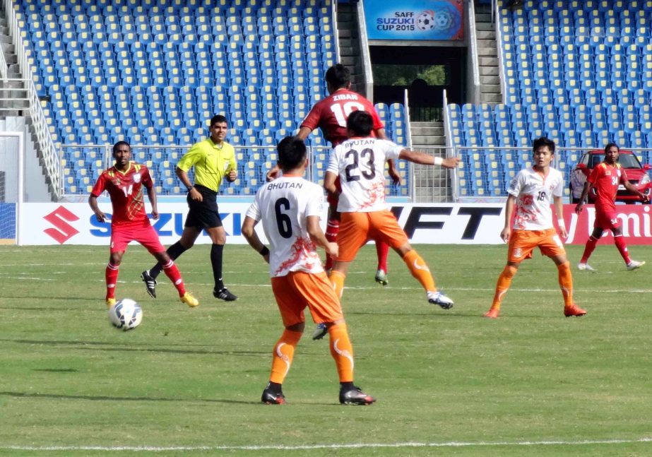 Moment of the SAFF Suzuki Cup football tournament between Bangladesh and Bhutan at the Trivandrum International Stadium in Kerala, India on Monday.