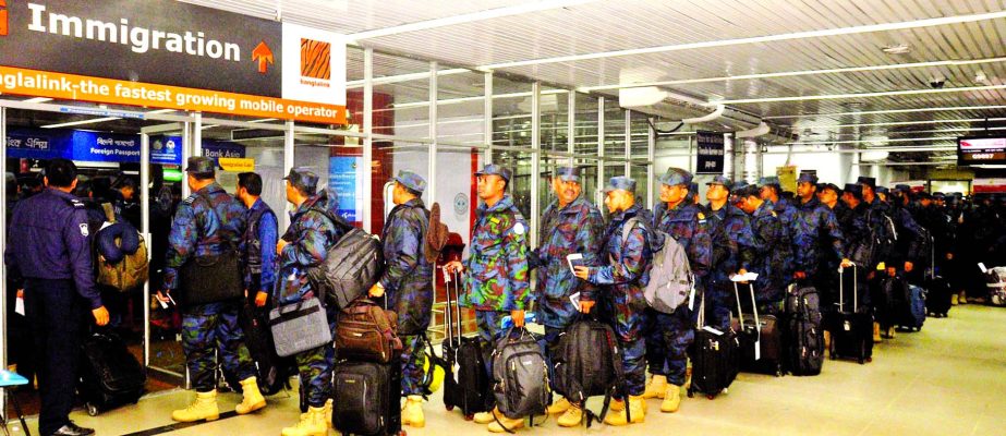 BAF contingent members crossing Immigration Lounge of Hazrat Shahjalal International Airport for onboard UN Chartered Aircraft in order to join UN Peacekeeping Mission in Mali on Sunday night.
