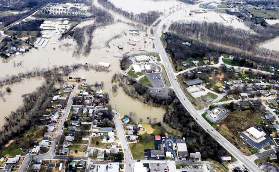 Submerged roads and houses are seen after several days of heavy rain led to flooding, in an aerial view over Union, Missouri on Wednesday.