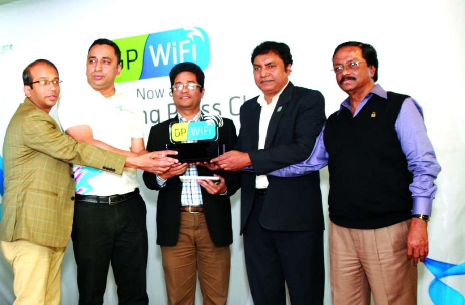 Kalim Sarwar, President of Chittagong Press Club, inaugurating the free WiFi zone, supported by Grameenphone at the club premises on Tuesday. Secretary of the Club Mohsin Chowdhury and M Shaon Azad, Head of Chittagong Circle of the company were attended.