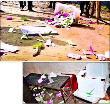 BNP Mayor candidate Mirza Faisal Amin along with his supporters looking at the scene where a ballot box was snatched and stuffed in Tankurgaon polling Centre (top) and ballot box was snatched and ballot papers seen scattered at Gagan Memorial school polli