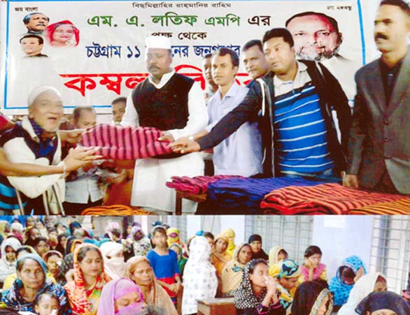 Ex commissioner Md Aslam distributing blankets among the cold-hit people on behalf of MA Latif MP in the city recently.