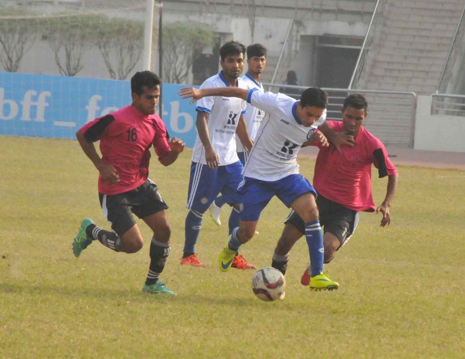 A scene from the JFC Fan Third Division Football League between City United Club and Government Printing Press at the Bir Shreshtha Shaheed Sepoy Mohammad Mostafa Kamal Stadium in Kamalapur on Thursday. The match ended in a 1-1 draw.