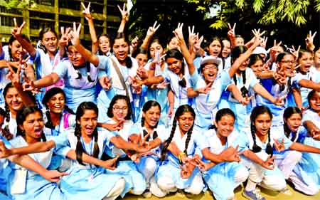 Students of Viqarunnisa School and College rejoicing on the campus for their outstanding results in Primary and Junior School certificate examination announced on Thursday.