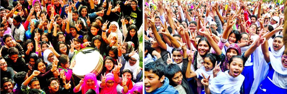 Students of Rajuk Uttara Model School and College (Left) and Motijheel Ideal School and College (Right) celebrating their outstanding results in Primary Education Completion (PEC) and Junior School Certificate (JSC) examinations announced on Thursday.