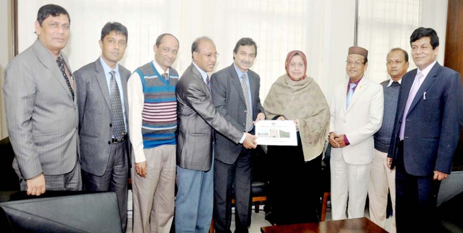 Education Board officials handing over result of JSC examination to Acting CCC Mayor Mrs Jobaida Nargis Khan at herb office yesterday.