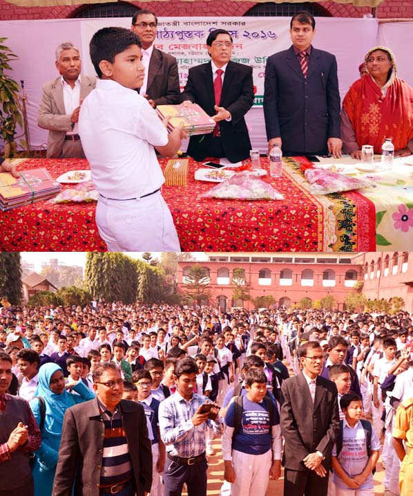 Deputy Commissioner of Chittagong Mezbahuddin distributing new books among the students at Collegiate School in Chittagong yesterday.