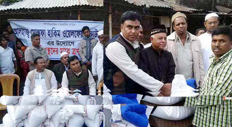 Former Mayor M Manzoor Alam distributing relief materials to fire victims of South Patenga in the city on Friday.