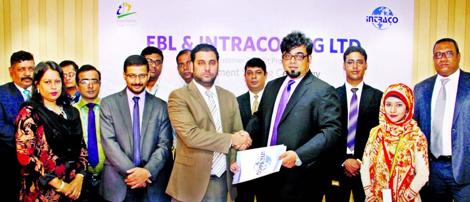 M Nazeem A Choudhury, Head of Consumer Banking of EBL and Mohammed Irad Ali, Deputy Managing Director of Intraco CNG exchanging documents after signing a MOU in Dhaka recently. Under this MoU EBL card members will enjoy up to 20 percent discount on CNG co