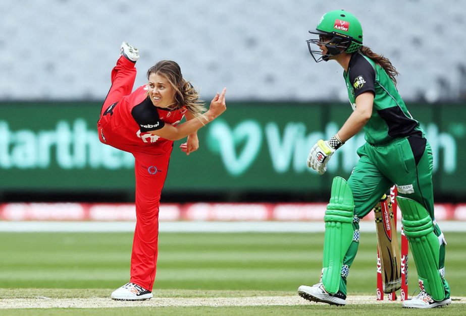 Molly Strano in her delivery stride during the Women's Big Bash League match between the Melbourne Stars and the Melbourne Renegades at Melbourne Cricket Ground in Melbourne, Australia on Saturday.