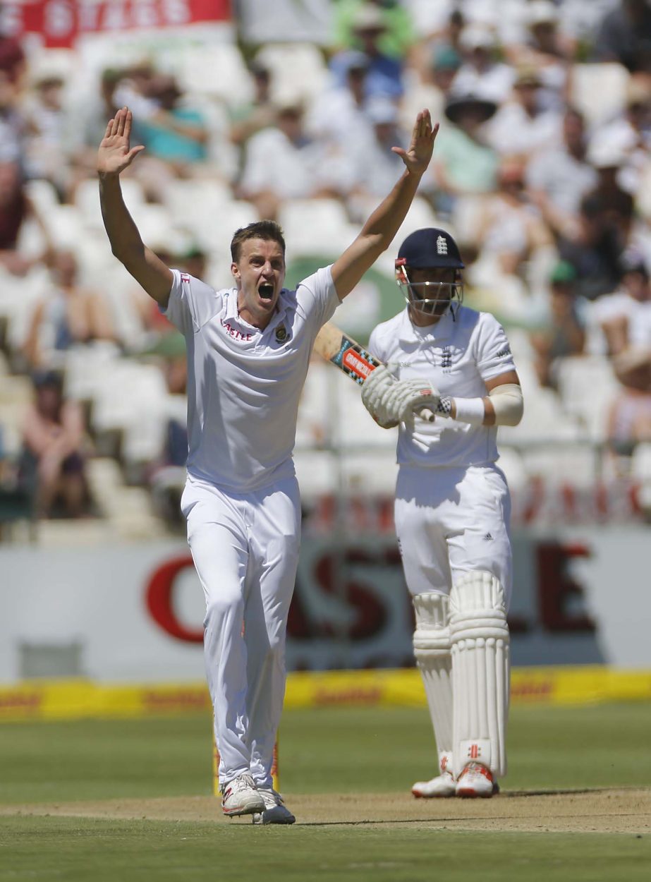 South Africa Morne Morkel (left) shouts out as England's Alex Hales (right) looks back during their second cricket Test in Cape Town, South Africa on Saturday.