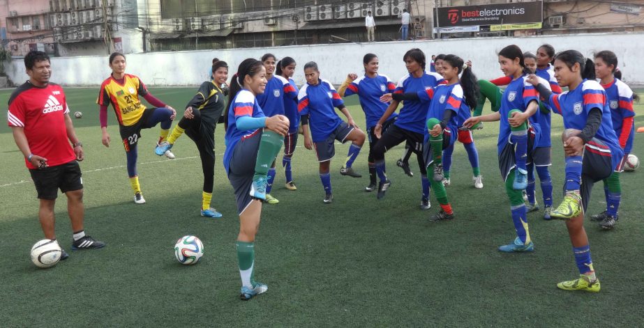 Members of Bangladesh National Women's Under-23 Football team during their practice session at the BFF Artificial Turf on Saturday.