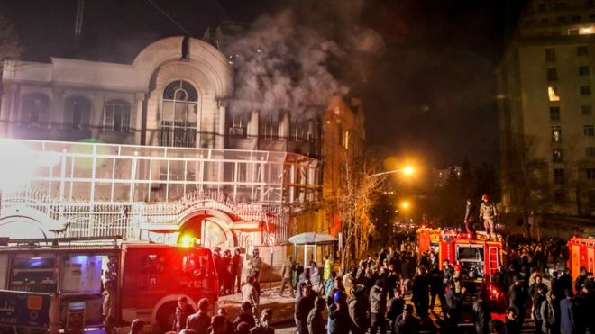 Iranian protesters set fire to the Saudi embassy in Tehran on Saturday
