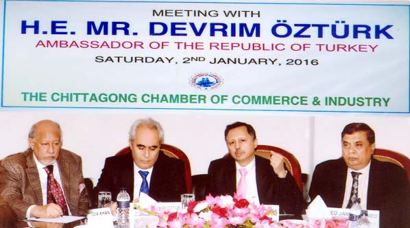 Mahbubul Alam, President, Chittagong Chamber of Commerce and Industry speaking at a view exchange meeting with Devrim Ozturk, Ambassador of the Republic of Turkey in Chittagong on Saturday.