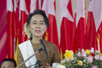 National League for Democracy party (NLD) leader Aung San Suu Kyi delivers a speech during a ceremony to mark Myanmar's 68th anniversary of Independence in Yangon, Myanmar on Monday.