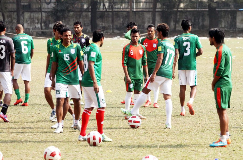 Players of Bangladesh National Football team took part a practice session on Monday.