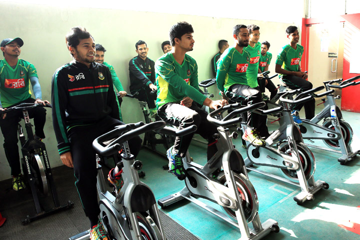 Players of Bangladesh National Cricket team during a fitness training session at Mirpur on Monday.