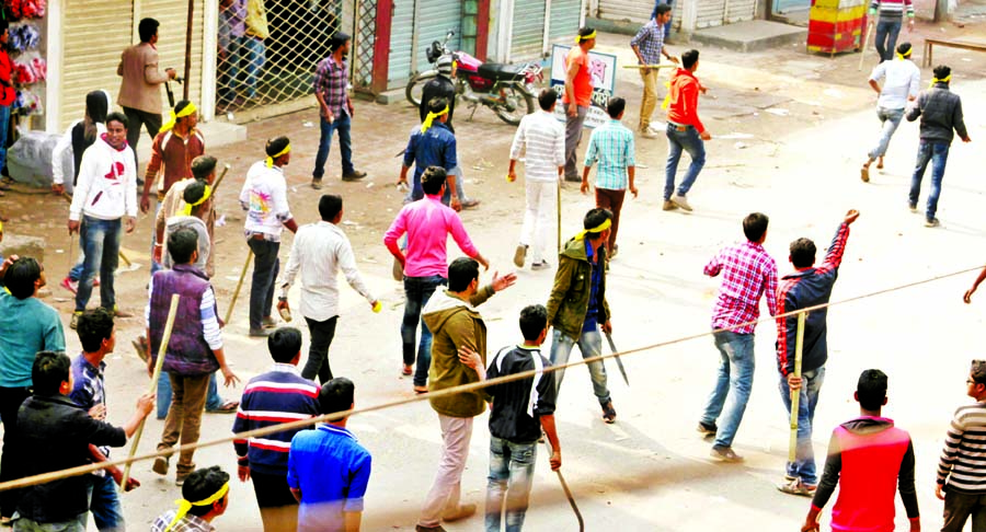 Sporadic clashes between two groups of BCL factions with lethal weapons and sticks in front of Zilla AL office for establishing supremacy following its founding anniversary at Thakurgaon on Monday.