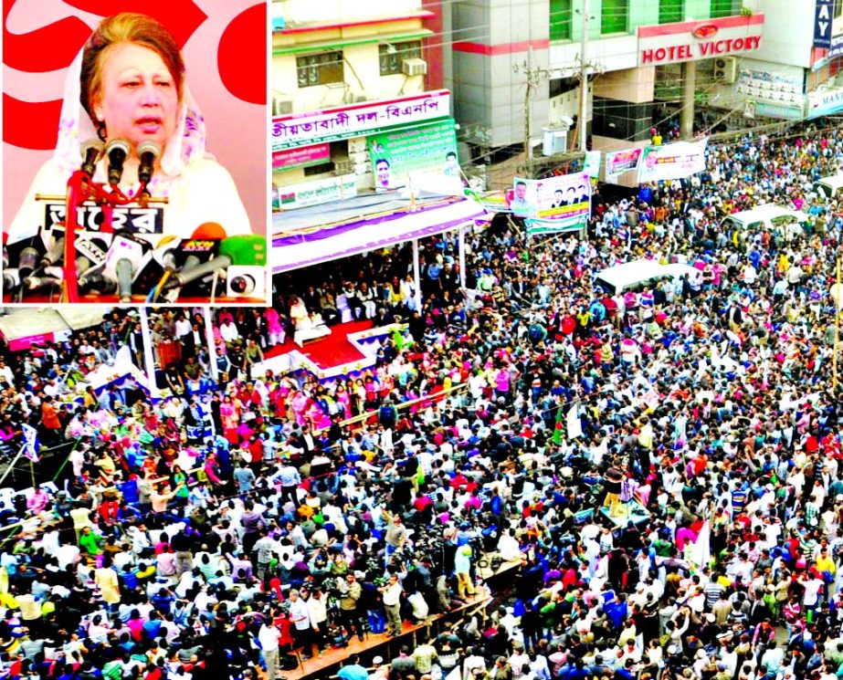 BNP Chairperson Begum Khaleda Zia addressing the public meeting marking the 'Democracy Killing Day' in front of its Nayapaltan office yesterday.