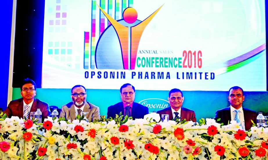 Chairman of Opsonin Pharma Limited Capt. Abdus Sabur Khan (Retd.) and Managing Director Abdur Rouf Khan along with other executives of the company pose at the "Annual Sales Conference 2016"" at the Bangabandhu International Conference Centre in the city"