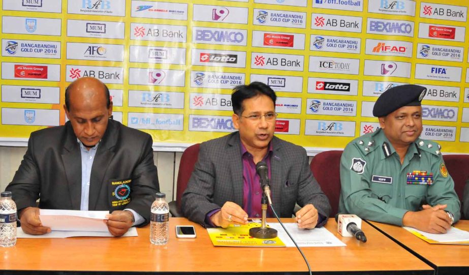 Senior Vice-President of Bangladesh Football Federation (BFF) Abdus Salam Murshedy speaking at a press conference at the conference room of BFF House on Wednesday.