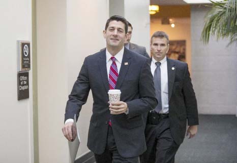 House Speaker Paul Ryan of Wis., arrives for a closed-door Republican strategy session on Capitol Hill in Washington on Wednesday.