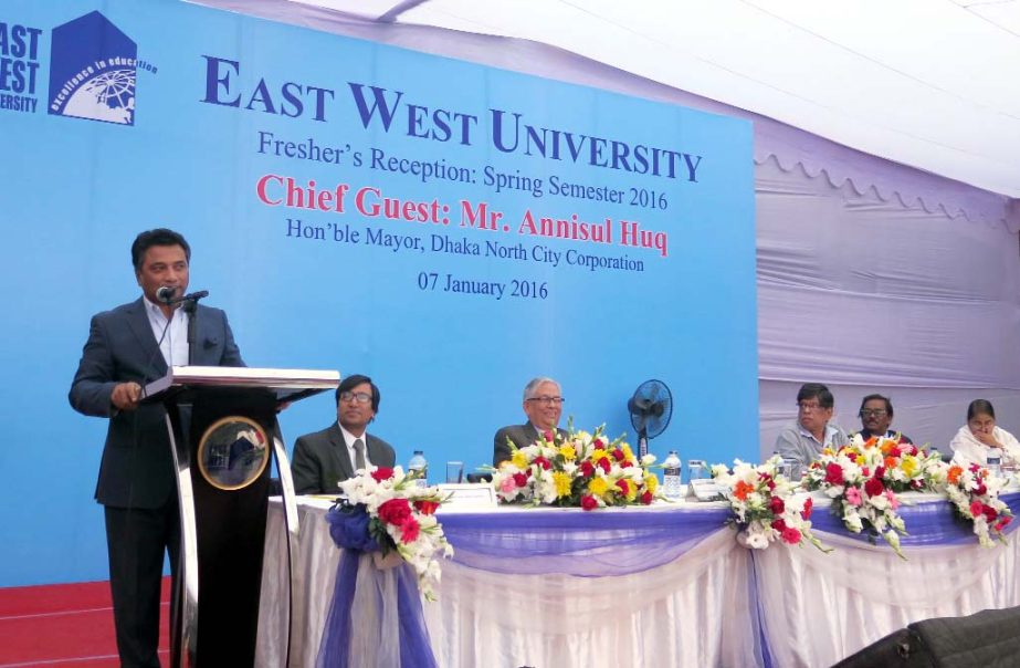 Mayor of the Dhaka North City Corporation Annisul Huq addresses a Fresher's Orientation Program of East West University at Aftabnagar in the city on Thursday.