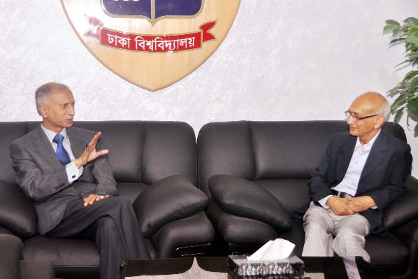 Dhaka University Vice-Chancellor Prof Dr AAMS Arefin Siddique talks with Indian scientist and Director of IFGL Bioceramics Ltd, Dr G Banerjee at DU VC Office on Wednesday.