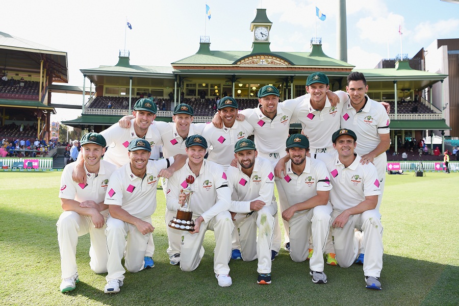 The victorious Australia side pose with the Frank Worrell Trophy on the 5th day of 3rd Test between Australia and West Indies in Sydney on Thursday.