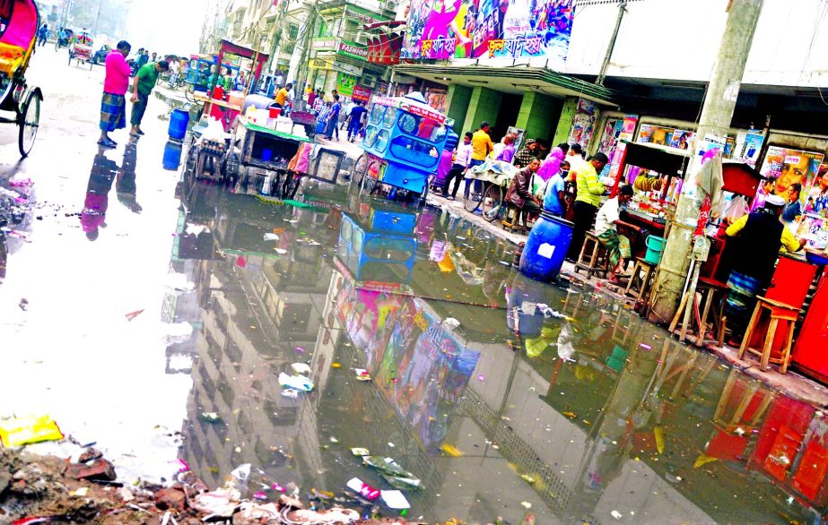 Shop-owners, traders, pedestrians as well as commuters face sufferings most as sewage waters being logged in city's Polwel Market area at Nayapaltan due to poor maintenance of drains. This photo was taken on Friday.