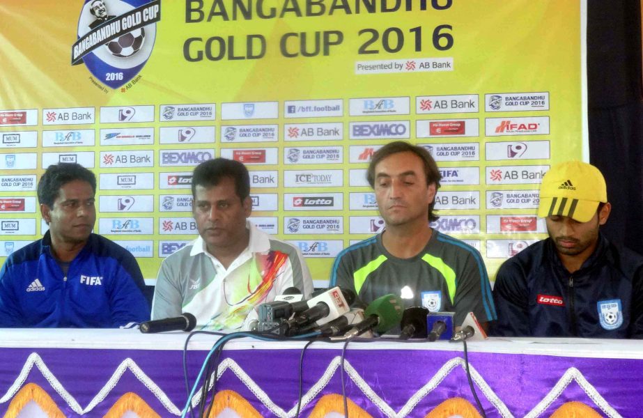Head Coach of Bangladesh Under-23 Football team Gonzalo Sanchez Moreno speaking at a press conference at the Shams-Ul-Huda Stadium in Jessore on Saturday.